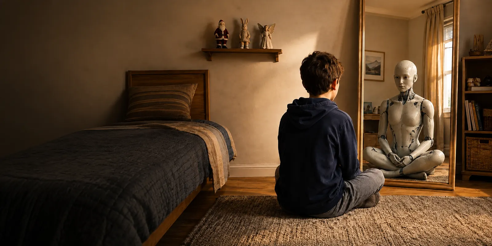 A child facing a humanoid robot reflected in a bedroom mirror, representing the human relationship with AI